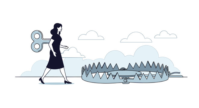 Businesswoman with a wind up toy key on her back walking unknowingly towards a dangerous large metal trap.