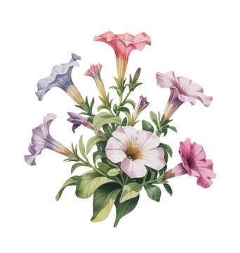 Pastel garden petunias unfolding in light and graceful watercolor flow.
