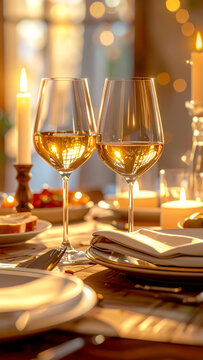 Romantisch gedeckter Tisch mit Wein, Kerzenlicht und goldener Abendstimmung
