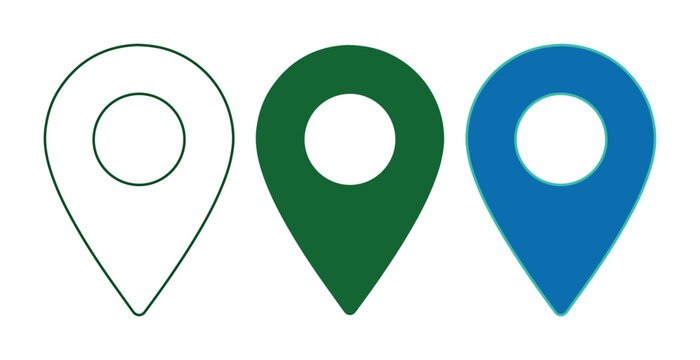 Location pin icon set, three distinct map pointer vector graphics, navigation symbol collection for digital interfaces and travel applications isolated on White Background
