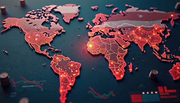 Global map shows energy trade routes. Red lights highlight areas of high fuel demand and geopolitical risk. Oil barrels and financial charts indicate market instability and economic crisis.