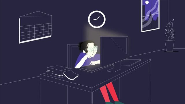 Woman Working on Computer in Dark Office Late at Night, Concept of Hard Work, Deadlines, and Career Dedication, 2D Flat Animation