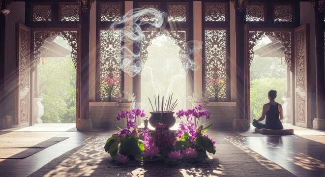 Tranquil meditation space with incense and flowers artistic lighting and ambiance