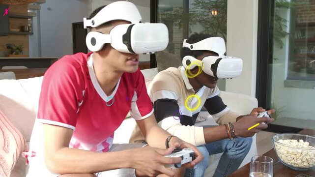 Two men in VR headsets pressing controllers causing game HUD tracking head movements during gaming