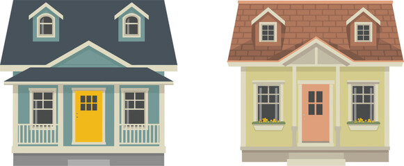 Naklejka premium Residential houses vector illustration, suburban homes exterior architecture building design real estate property collection