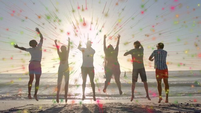 Friends on beach reacting to pulsing radial burst on sun, leaning then jumping for marketing