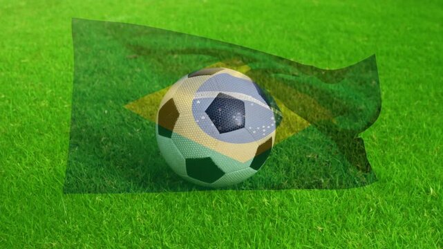 Brazilian flag overlay starting and rippling over center soccer ball, casting design to show Brazil