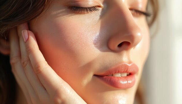 Close-up of woman applying face cream. Her skin looks smooth and shiny. Natural light highlights her features, showing healthy youthful complexion. She has closed eyes with a relaxed expression.