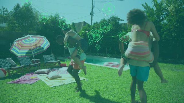 Two men piggybacking partners after cue, heading to pool for leisure, green hex overlay hovering