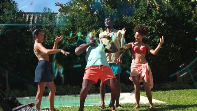 Group dancing by pool to offscreen music center stepping forward audio pulsing with moves for ads