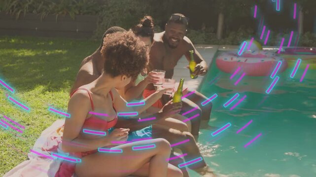 Four pals toasting cups dipping feet pool sparking splashes light streaks overlaying for marketing