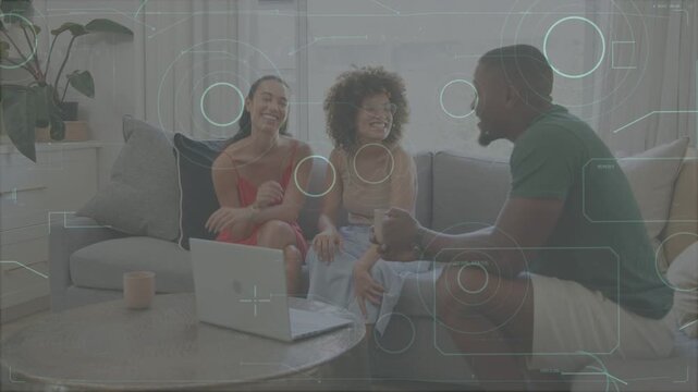 3 friends sitting on sofa, man leaning and speaking, overlay circles accenting laptop, marketing