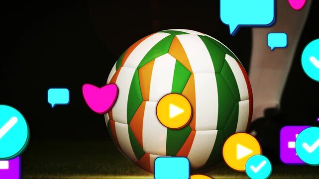 Soccer player kicking ball on turf, causing roll as animated social media icons layering over ball