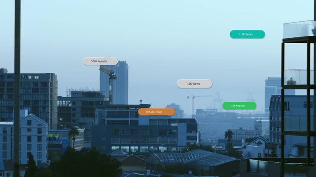 Frames advancing, skyline receiving floating bubbles and numeric tags, showing marketing metrics