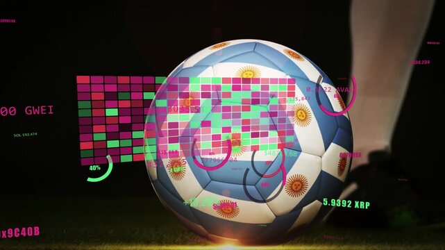 Soccer player charging foot and kicking ball sending right, HUD map and metrics animating over ball