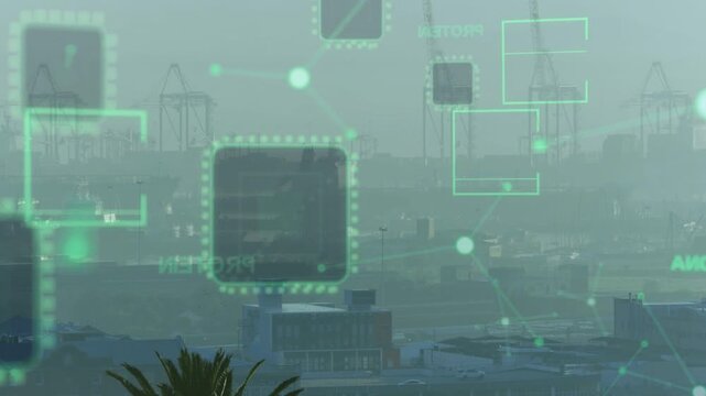 Clip opening showing hazy port, green UI rising, sliding panels, nodes showing flow across cranes