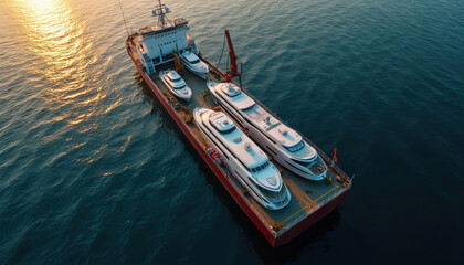 Obraz premium Heavy cargo ship transports luxury yachts across the ocean. Large freighter carries several expensive boats. Vessel sails on blue water at sunset with golden sunlight reflections.