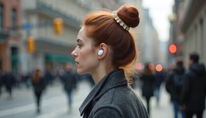 Fototapeta premium Ginger woman wearing grey coat and white earbuds walks through city street. Casual hairstyle with scrunchie. Blurred background shows urban life and people passing by.