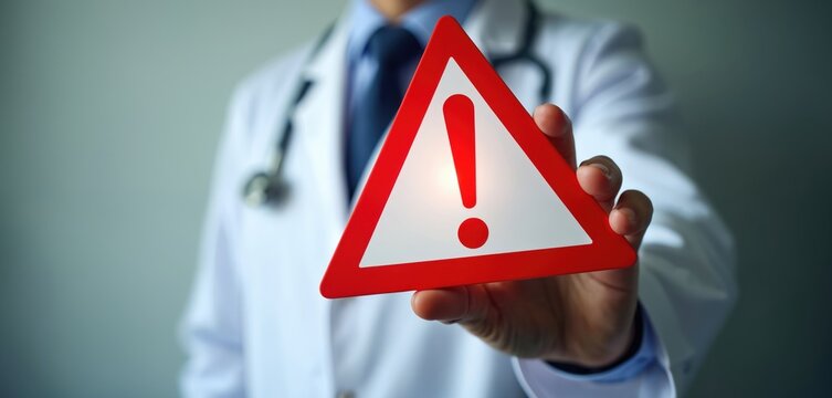 Doctor holds red warning triangle sign with exclamation mark. Medical pro alerts about health risks, dangers, and urgent care needs. Highlights caution, safety, and healthcare advisories in medicine.