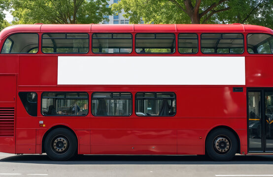 Red double decker bus side profile with blank white billboard space. City street with green trees background. Transport vehicle for advertising ads and marketing.