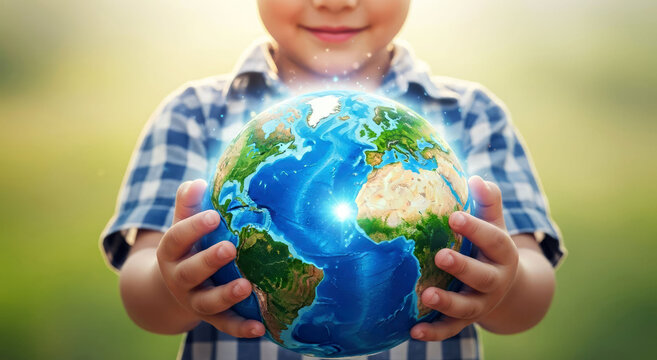 A child boy holds a glowing globe, symbolizing care for the Earth, environmental stewardship, sustainable future and hope for the next generation.