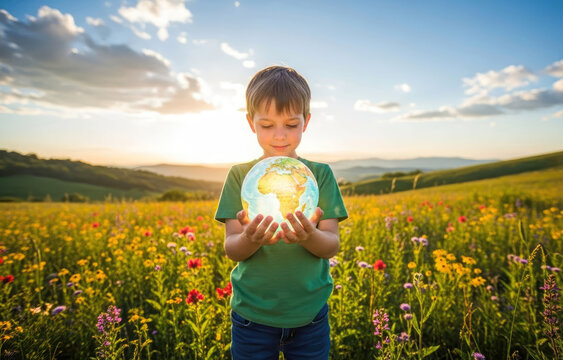 A child boy holds a glowing globe in a wildflower meadow at sunset, symbolizing care for the Earth, environmental stewardship, sustainable future and hope for the next generation.
