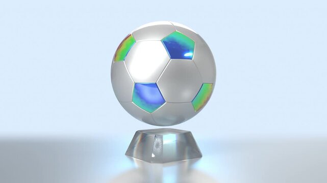 3D Render of a Silver Soccer Ball with Iridescent Panels Floating Above a Crystal Trophy Base, Seamless Loop for Soccer Championship Concept