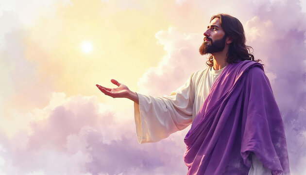 Jesus Christ with open hand reaches towards bright sky, clothed in purple robe. Divine figure offers hope and guidance, watercolor style illustration, faith concept. Heavenly clouds glow.