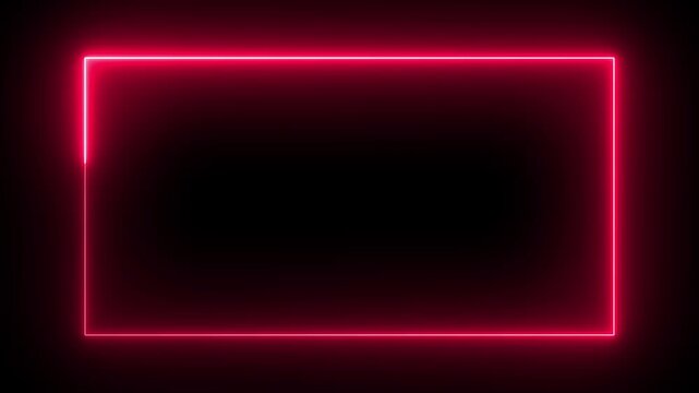 Glowing neon red rectangle on a black backdrop. The neon rectangle creates a striking visual against the deep black background. This image is ideal for use as a background, template. 4k