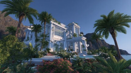 Fototapeta premium Elegant coastal estate with palm trees and ocean view under a clear sky
