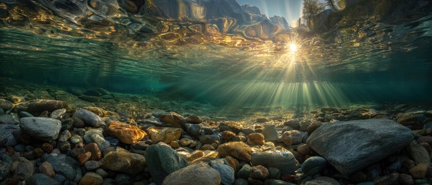 Underwater view of riverbed with sunlight shining through the water