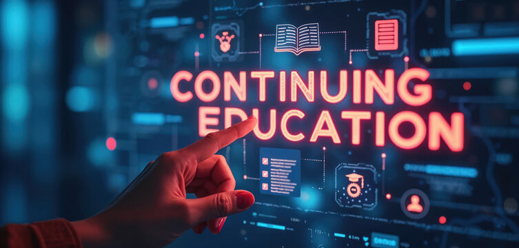 Hand touches glowing screen displaying continuing education text and icons. Digital learning, skill upgrade, pro growth, and online courses concept.
