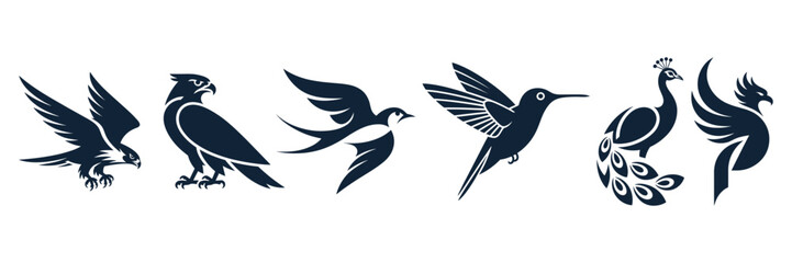Obraz premium Collection of various bird silhouettes on including eagle, falcon, quail, hummingbird, peacock, and phoenix