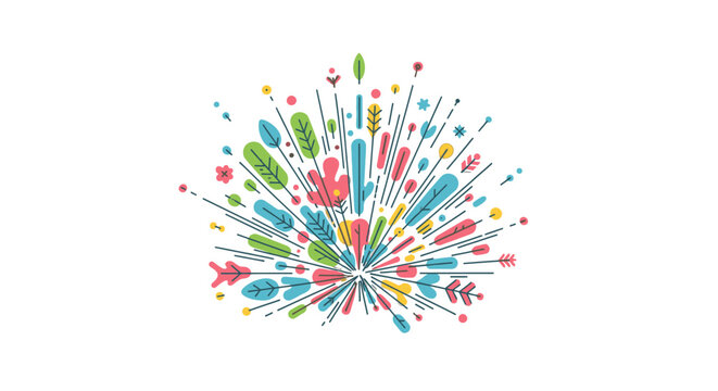 Colorful abstract burst of floral and natural elements, vibrant explosion of leaves and petals, creative design illustration on white background.