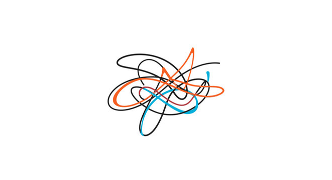 Abstract tangled lines in a chaotic scribble of black, orange, and blue on a clean white background, symbolizing complexity, confusion, or a creative mess.