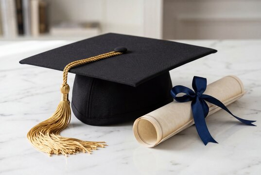 Graduation cap with gold tassel and rolled diploma tied with a blue ribbon on a marble surface, representing academic achievement, education, ceremony, success, and future opportunity.