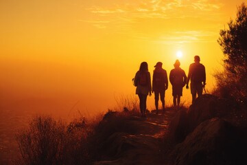 Fototapeta premium Group of four people walking on a trail during sunset with orange sky