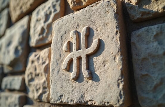 Ancient stone block displays carved Christian monogram symbol. Religious iconography detailed on textured wall. Holy faith emblem, sacred heritage art.