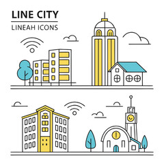 Fototapeta premium A vector graphic illustration of a line city with buildings and icons in a modern flat design style