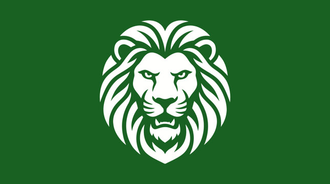 A large lion head with a green background and white illustration on it.