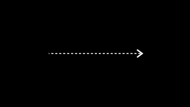 Right arrow direction icon with dotted line animation on white background. dot arrows icon sign animated with alpha channel. Black straight arrows animation. Reveal animation of solid, dashed.