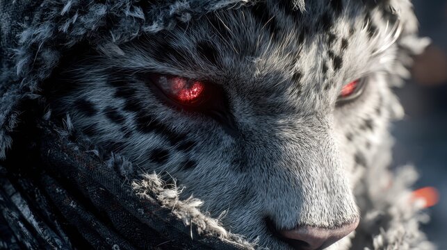 Close up of a snow leopard with striking red eyes against blurred backdrop