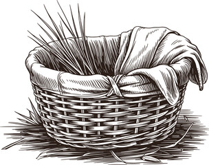 Wicker basket with cloth and hay vintage engraving rustic storage container farm illustration design © Masum