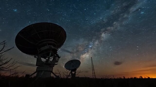 Large satellite dish antennas observing cosmic space in this cinematic night motion video clip