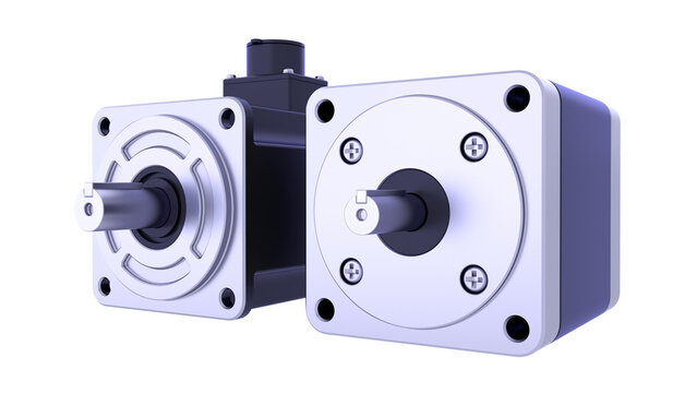SRM motors - PM AC servo motors for CNC - Industrial Brushless Stepper motors. 3D rendering isolated on white background. Ideal for professionals, educational, engineering, and industrial design.