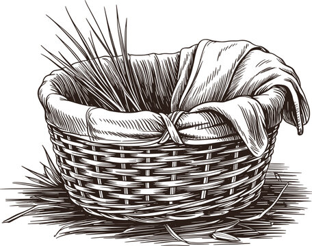 Wicker basket with cloth and hay vintage engraving rustic storage container farm illustration design