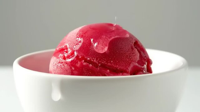 Delicious close-up of a scoop of red sorbet melting with a syrup drizzle in a white bowl against a grey background, perfect for summer refreshment