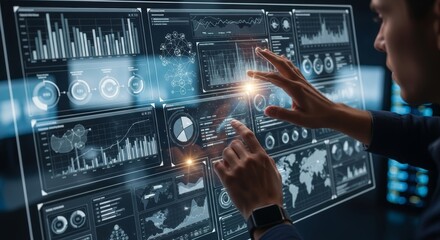 Fototapeta premium Professional Interacting with Futuristic Digital Dashboard for Advanced Data Analytics and Business Intelligence on Transparent Screen Technology
