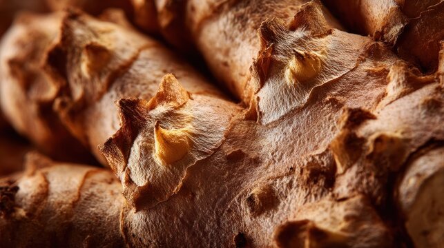Close up of fresh ginger roots with textured skin warm tones and detail