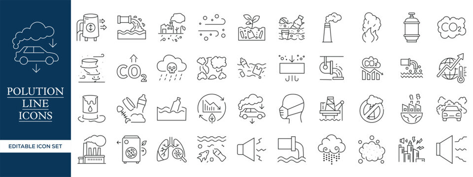 Environmental Pollution Line Icons Set, Air Water Waste Climate Change Ecology Outline Vector Collection Editable Stroke